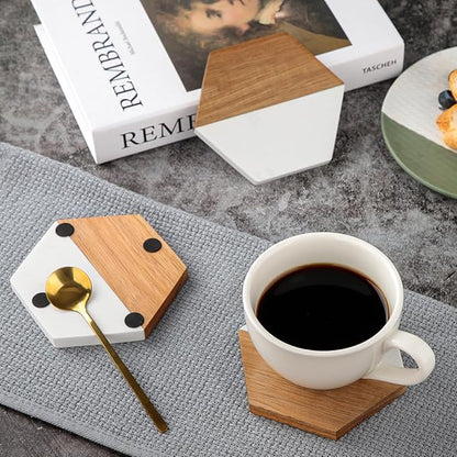 Wood Marble Coasters for Drinks, Modern Rustic Acacia Hexagon Coaster Set Decorative Bar Coaster for Living Room Coffee Wooden Table Beer Mug Christmas Housewarming Wedding Home Decor 4Pcs