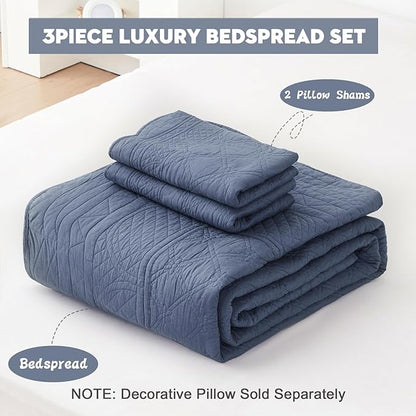 CHIXIN Oversized Cotton Bedspread Queen Size - Real Stitching - Luxury Quilted Bedding Cover for All Season, Reversible, Ultra Soft, Lightweight, 3 Piece, Smokey Blue