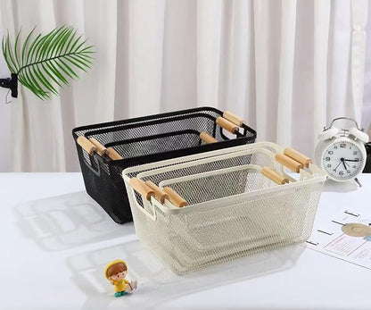 Metal Mesh Steel Basket, Medium Wire Storage Organizer Basket Multi-function Hanging Kitchen Basket with Wood Handle for Kitchen Bathroom Picnic Home, Rectangle-Off White