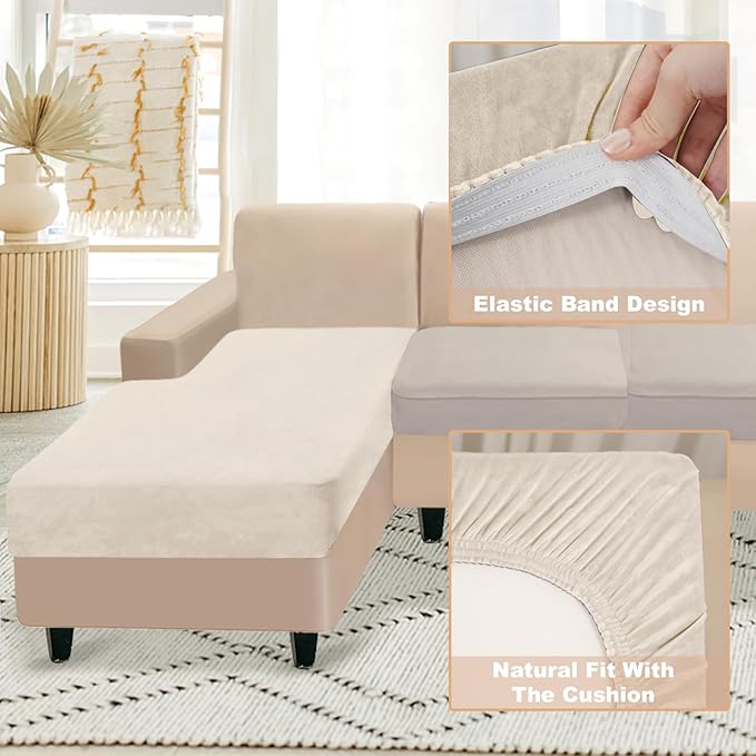 NAISI Sectional Couch Cover 1 Piece Velvet Separate Chaise Lounge Cover Soft Stretch Sofa Slipcovers for Left/Right Chaise Sectional Couch(Chaise Lounge,Beige)
