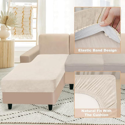 NAISI Sectional Couch Cover 1 Piece Velvet Separate Chaise Lounge Cover Soft Stretch Sofa Slipcovers for Left/Right Chaise Sectional Couch(Chaise Lounge,Beige)