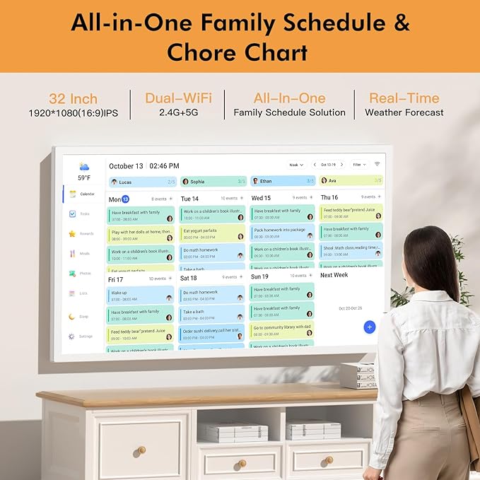 32" Digital Calendar Chore Chart for Wall Planner –Touchscreen Electronic Calendar Photo Frame for Family-Meal-Planner, Seamless Scheduling with Star Reward, Sync Online Calendar Via APP, Wall Mounted