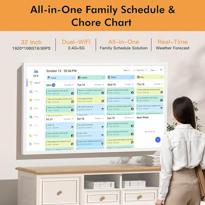 32" Digital Calendar Chore Chart for Wall Planner –Touchscreen Electronic Calendar Photo Frame for Family-Meal-Planner, Seamless Scheduling with Star Reward, Sync Online Calendar Via APP, Wall Mounted