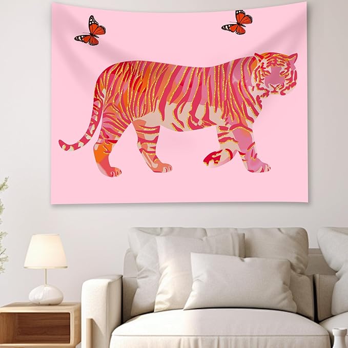 Tiger Aesthetic Tapestry - Pink Butterfly Tapestries, Boho Wall Tapestries, Picnic Sheet Wall Decor Blanket for Girl Bedroomfor Bedroom, Living Room, Dorm - 50 x 60 Inch