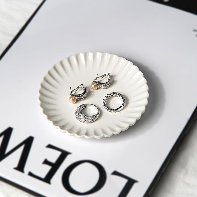 Ceramic Jewelry Dish, Decorative Tray for Rings Earrings Necklaces Bracelet Watch Keys, 4.50" Trinket Tray as Gifts for Women (White Wave)