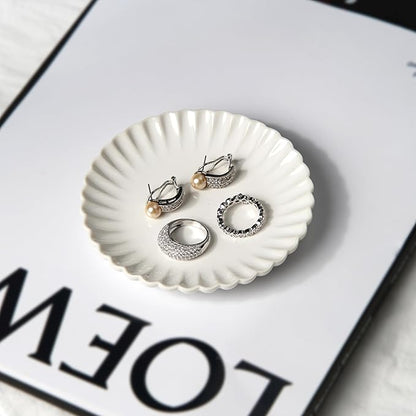 Ceramic Jewelry Dish, Decorative Tray for Rings Earrings Necklaces Bracelet Watch Keys, 4.50" Trinket Tray as Gifts for Women (White Wave)
