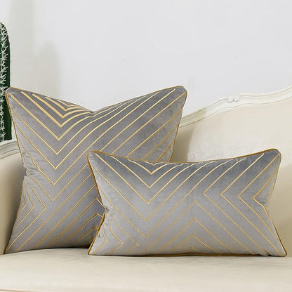 Avigers 18 x 18 Inch Grey Gold Striped Geometric Lines Embroidery Velvet Cushion Case Luxury Modern Throw Pillow Cover Decorative Pillow for Couch Living Room Bedroom Car 45 x 45cm