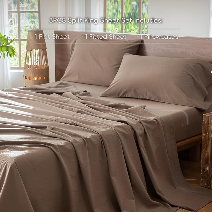 MooMee Bedding Sheet Set 100% Washed Cotton Linen Like Textured Breathable Durable Soft Comfy (Brown, Twin)