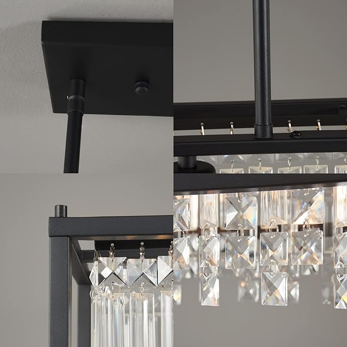 LMQNINE Modern Rectangle Chandelier for Dining Room, Black Crystal Chandelier Linear Light Fixture, Farmhouse Chandeliers for Kitchen Island, Bar Table, L35.43'' x W11.81'' x H9.84''