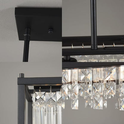 LMQNINE Modern Rectangle Chandelier for Dining Room, Black Crystal Chandelier Linear Light Fixture, Farmhouse Chandeliers for Kitchen Island, Bar Table, L35.43'' x W11.81'' x H9.84''