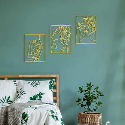 KOYILTD 3 Pcs Minimalist Gold Wall Decor Female Body Minimalist Line Wall Art Modern Aesthetic Home Decoration Abstract Wall Art for Home Living Room Bedroom Bathroom (Elegant, Gold, Large)