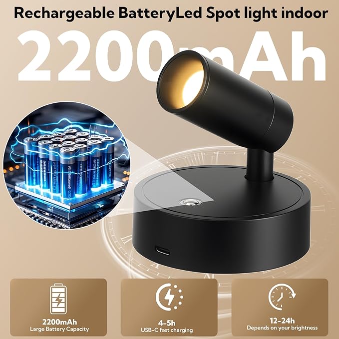 4 Pack Spotlights Indoor with Remote, Rechargeable Picture Lights, Wireless LED Uplighting with Dimmable 3CCT Modes, Display Lights for Artwork, Plant, Painting, and Accent Lighting, Black
