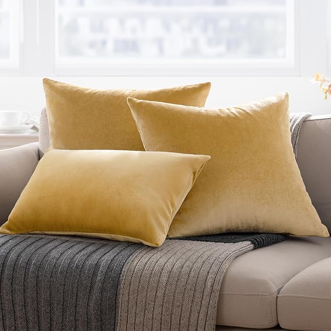Phantoscope Pack of 2 Velvet Decorative Throw Pillow Covers Soft Solid Square Cushion Case for Couch Shiny Gold 12 x 20 inches 30 x 50 cm