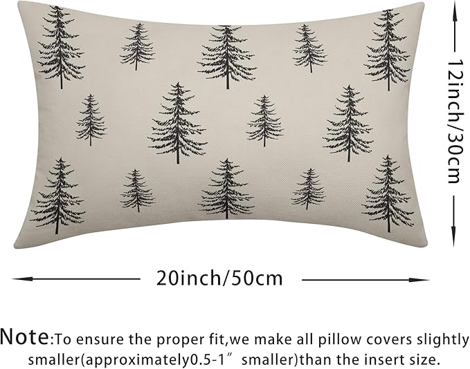 Christmas Tree Lumbar Pillow Covers 12x20 Set of 2 Black Xmas Vintage Winter Print Decorative Outdoor Linen Throw Pillows Cases Cushion Cover Rustic Holiday Decoration Farmhouse Sofa Couch Bed Decor