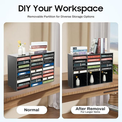 Literature Organizer with 27 Compartments | Adjustable Desktop File Sorter Mail Center for Home, Office & Classroom | PVC Paper Storage Cabinet with Shelves, Black