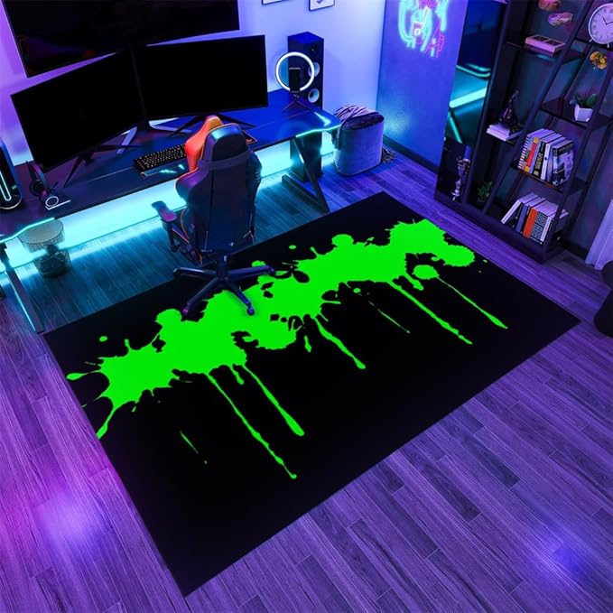Fluorescent Green Arcade Rug 4x5 Area Rugs Modern Black Green Rugs Non Slip Low Pile Faux Wool Indoor Throw Carpet for Living Room Bedroom Gameroom Study Office Entrance Foyer