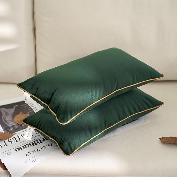 Aeckself Pack of 2 Luxury Velvet Green Lumbar Pillow Covers 12 x 20 Inch, Modern Decorative Pillowcase with Gold Trim Edge, Comfortable Soft Solid Cushion Case for Couch Bedroom Living Room