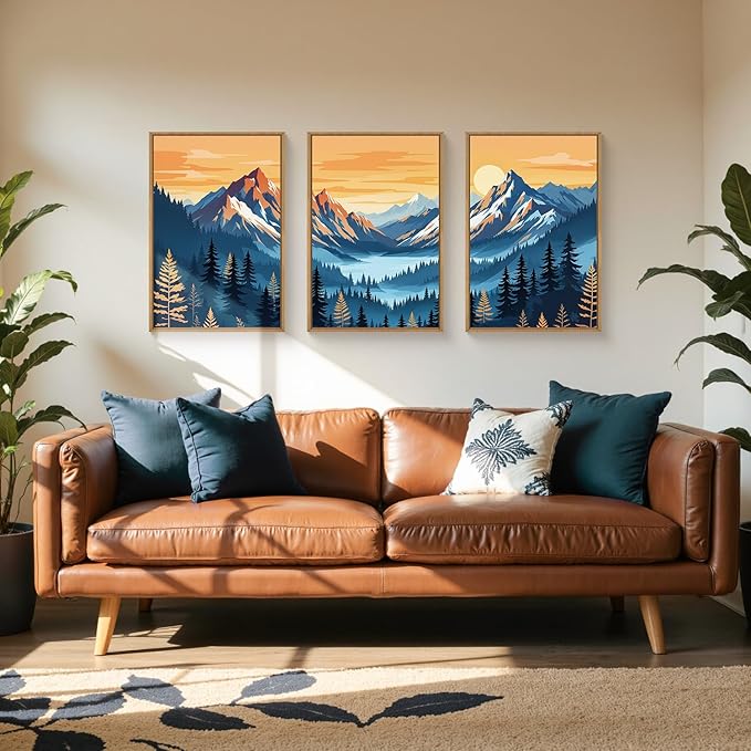 HLNIUC Boho Abstract Blue Orange Mountain Wall Art Framed, Large Pine Tree Ridge Wall Decor set of 3 (16"x24"), Sunset Forest Landscape Canvas Painting, Nature Prints for Living Room, Bedroom, Office