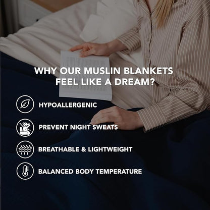 Goqan Muslin Blanket King Size 90x108 – 100% Turkish Cotton 4 Layer Boho Muslin Blanket for Adults, Four Season, Lightweight and Thin, Soft, Breathable for Bed, Couch - Navy
