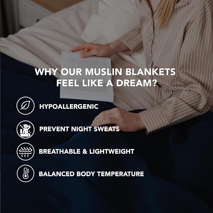 Goqan Muslin Blanket Queen 79x90 – 100% Turkish Cotton 4 Layer Boho Muslin Blanket for Adults, Four Season, Lightweight and Thin, Soft, Breathable for Bed, Couch - Navy