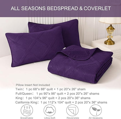 Exclusivo Mezcla Twin Size Quilt Set - Deep Purple Quilts Bedding Set with 2 Pillow Shams, Modern Bedspread with Striped Pattern, Soft Lightweight Bedspreads Coverlets for All Seasons