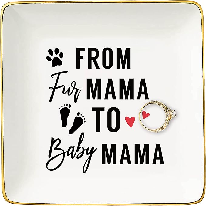 Topthink From Fur Mama to Baby Mama - Pregnancy Announcement Gift - Ceramic Jewelry Holder Ring Dish Trinket Tray for New Mom
