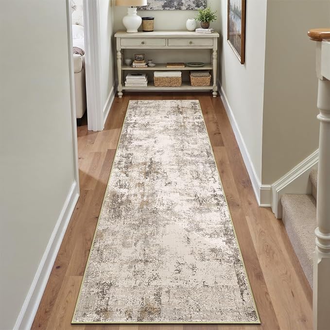 2x8 Washable Runner Rug Brown Grey Abstract Hallway Kitchen Throw Rug Neutral Modern Non Slip Soft Low Pile Carpet for Bathroom Laundry Bedroom Living Room