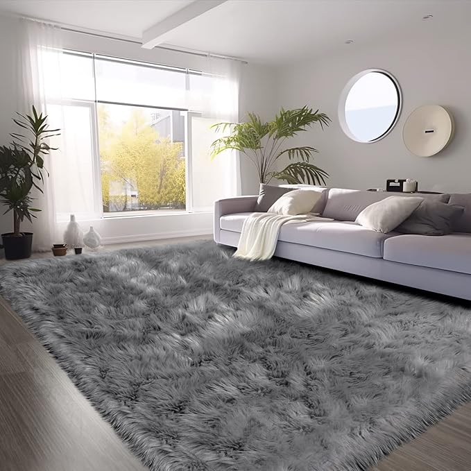 SERISSA Grey Faux Fur Sheepskin Rug 8x10 Feet, Large Fluffy Fuzzy Shaggy Area Rug, Furry Throw Rug for Living Room, Bedroom, Nursery Room Decor (Rectangle, Grey)