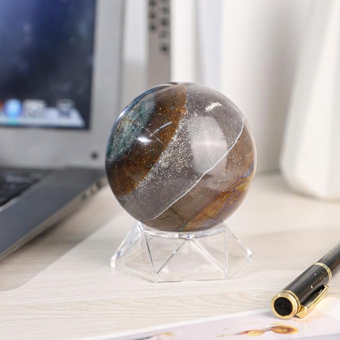 Natural Ocean Jasper Crystal Ball with Acrylic Display Base, 71-80mm Polished Stone Feng Shui Crystal Sphere Meditation Decoration for Home & Office