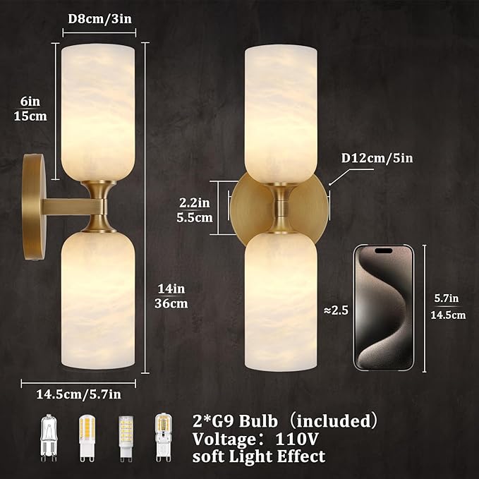 Alabaster Wall Sconces, 14" Modern Spanish Natural Marble Vanity Light, Dimmable Hardwired Brass Gold Wall Sconce Lighting for Bathroom Mirror, Bedroom, Living Room, Luxury Natural Stone Wall Fixtures