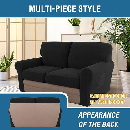 H.VERSAILTEX Multi-Pieces Sofa Covers Stretch Couch Covers Form Fitted Seats and Back Cushions Covers (2 Seat Covers Plus 2 Back Cusion Covers, Bonus 2 Armrest Covers), Black