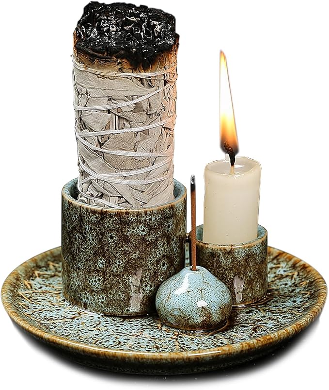 4 in 1 Multifunctional Ceramic Incense and Candle Holder with Ash Catcher Tray Suit for Burning White Sage, Palo Santo Sticks (Blue)