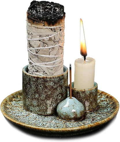 4 in 1 Multifunctional Ceramic Incense and Candle Holder with Ash Catcher Tray Suit for Burning White Sage, Palo Santo Sticks (Blue)