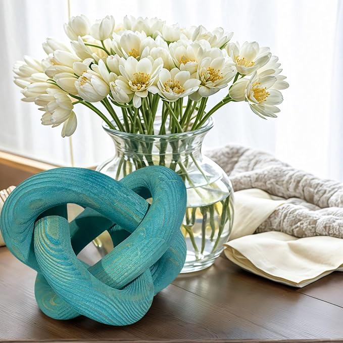 Wood Knot Decor -Coffee Table Decor Shelf Decor Table Books Hand Carved Home Decoration Boho Country Rustic Modern Shabby Chic Style 3 Link Wooden Knot Chain Link Decor (Blue)