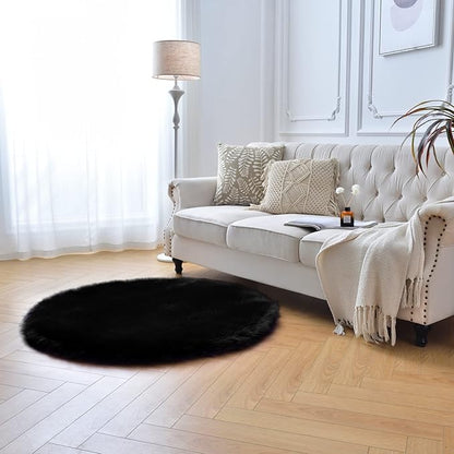duduta Black Faux Sheepskin Round Rug 4x4 ft, Fluffy Shag Fur Bedroom Nursery Kids Playroom Rug Dorm Decor Non Slip Washable