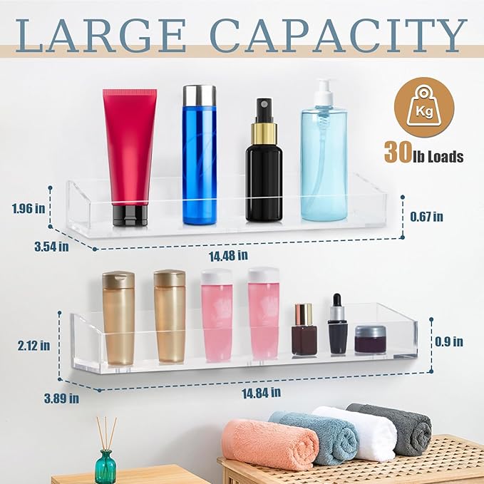 2 Pack Acrylic Bathroom Shelves, Clear Acrylic Shower Caddy Organizer, 15" Invisible Floating Shelves for Book/Figures/Photo/Makeup in Bathroom, Living Room, Bedroom, Kitchen