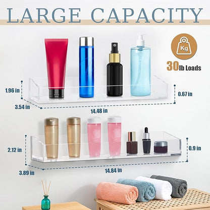 2 Pack Acrylic Bathroom Shelves, Clear Acrylic Shower Caddy Organizer, 15" Invisible Floating Shelves for Book/Figures/Photo/Makeup in Bathroom, Living Room, Bedroom, Kitchen
