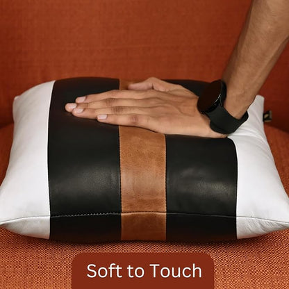 LL LEATHER LOVERS Genuine Lambskin Leather Pillow Cover, 16x16 Inch Case for Lumbar Throw Couch Pillows, Thick & Soft Cushion Covers for Sofa Bed Home Décor (White Black & Tan Pack of 1)
