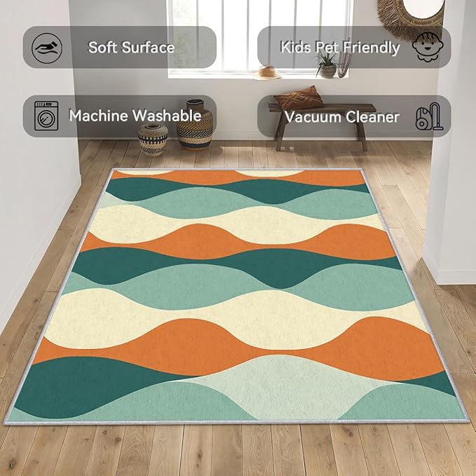 Mid Century Rug Orange - Mid Century Contemporary Area Rug, 8x10 Rug, Abstract Colorful Geometric Rug & Home Decor, Retro Wave Carpet & Room Decor, Washable Non Slip Anti Skid Rugs
