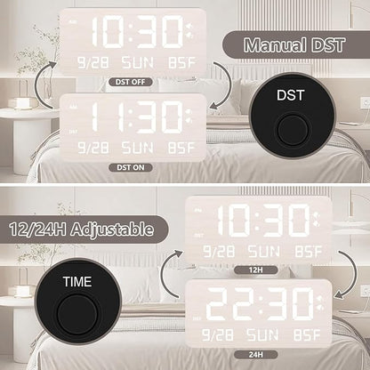Wooden Digital Alarm Clock for Bedroom - Desk Clock with Date, Day of Week, Temperature, Dual Alarms, Dimmer, USB Port Charge, DST, Adjustable Volume for Living Room/Office Wood Decor (White)