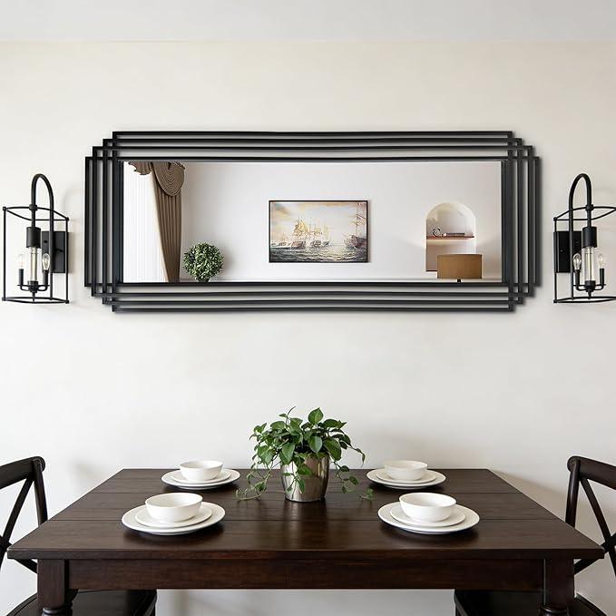 Modern Geometric Wall Mirror, 55"x22" Elegant Rectangle Mirror with Metal Frame, Large Art Wall Mirrors for Living Room Bathroom Bedroom Entryway Hallway, Hangs Vertically or Horizontally