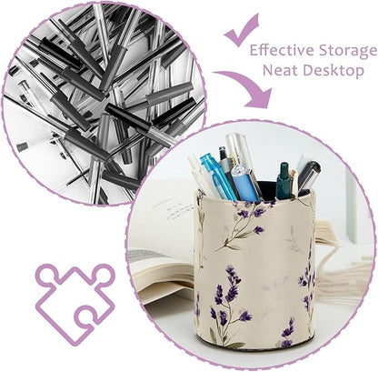 Pen Cup Holder for Desk, Large Pencil Holder, Cute Lavender Flowers and Sage Green Leaves Pattern Desk Stationery Storage Organizer Makeup Brush Holder for Home Office School