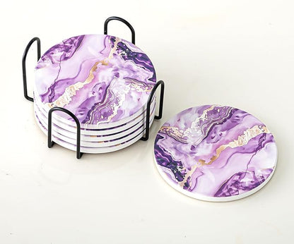 Ceramic Drink Coasters Set of 6 with Holder, Modern Marble Absorbent Ceramic Coasters, Round Ceramic Table Coasters for Home Decor Coffee Kitchen (4 Inches), Purple