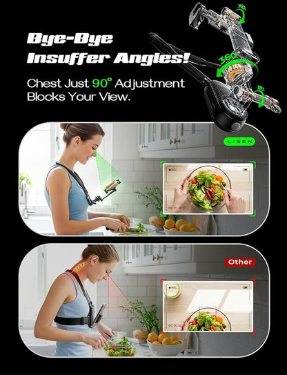 LISEN Neck Phone Holder for Bed Video Recording POV Camera Phone Chest Mount for Gopro Neck Mount [2025 Upgrad No.1] for iPhone Samsung 4-7 Inch Phones Akaso Insta360 Dji360 Other Action Cameras
