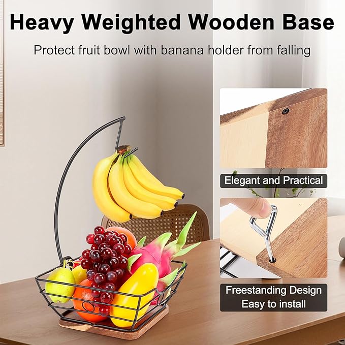 Livabber Countertop Fruit Basket Bowl with Banana Hanger, Modern Standing Fruit Vegetable Bowl Storage, with Banana Tree Holder for Kitchen Dinning Table (Square Wood, Black)