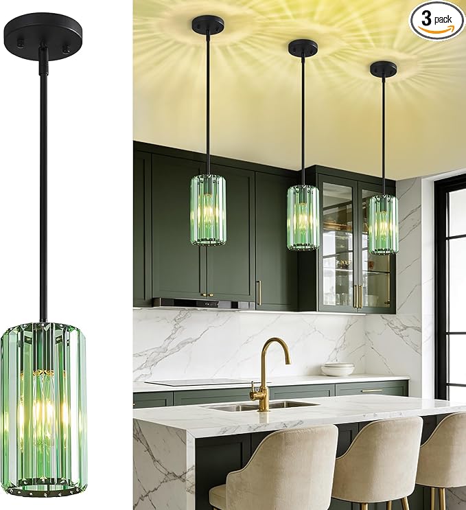 Modern Crystal Pendant Light Mini Light Green Chandeliers Adjustable Pendant Lights Fixture for Kitchen Island Dinning Room Corridor Bedroom(Light Green 3-Pack)