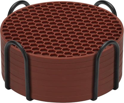 Silicone Coaster Set of 8 with Holder, Drinks Coasters, Beer & Coffee, Anti-Slip, Non-Stick, Anti-Overflow Tabletop Protection and Decor (8 Pcs, Brown)