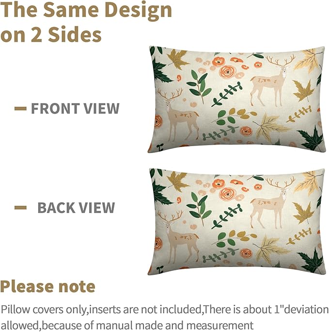 Deer Fall Pillow Covers 12x20 Set of 2 Green Cream Maple Leaf Autumn Outdoor Christmas Pillows Case Animal Print Pattern Decorative Xmas Cushion Cover Rustic Decoration Farmhouse Sofa Couch Bed Decor