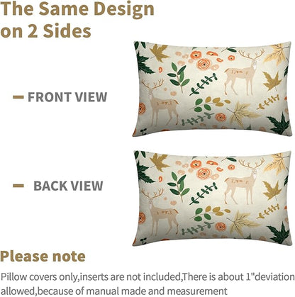 Deer Fall Pillow Covers 12x20 Set of 2 Green Cream Maple Leaf Autumn Outdoor Christmas Pillows Case Animal Print Pattern Decorative Xmas Cushion Cover Rustic Decoration Farmhouse Sofa Couch Bed Decor