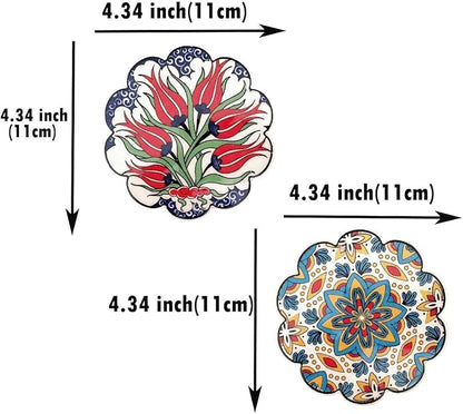 Turkish Ceramic Plate Absorbent Daisy Desing Coasters for Drinks House Warming,Living Room Decoration Gift Set of 6 No Holder,Oversize Better Protects Furniture from Damage (Multi 3)